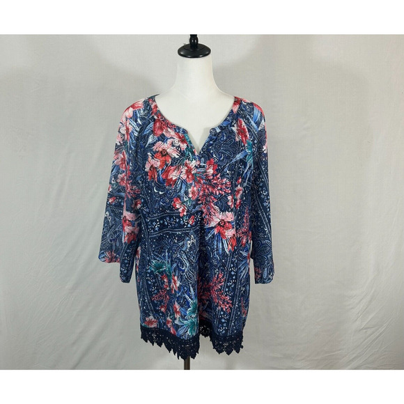 CJ Banks Top Womens 1X Blue Pink Floral Crochet Trim Split Neck Career Blouse - Picture 1 of 10